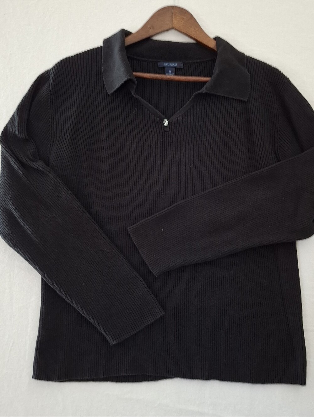 Women's Westbound Black Ribbed Knit Sweater Polo V-Neck Long Sleeve Sz XL
